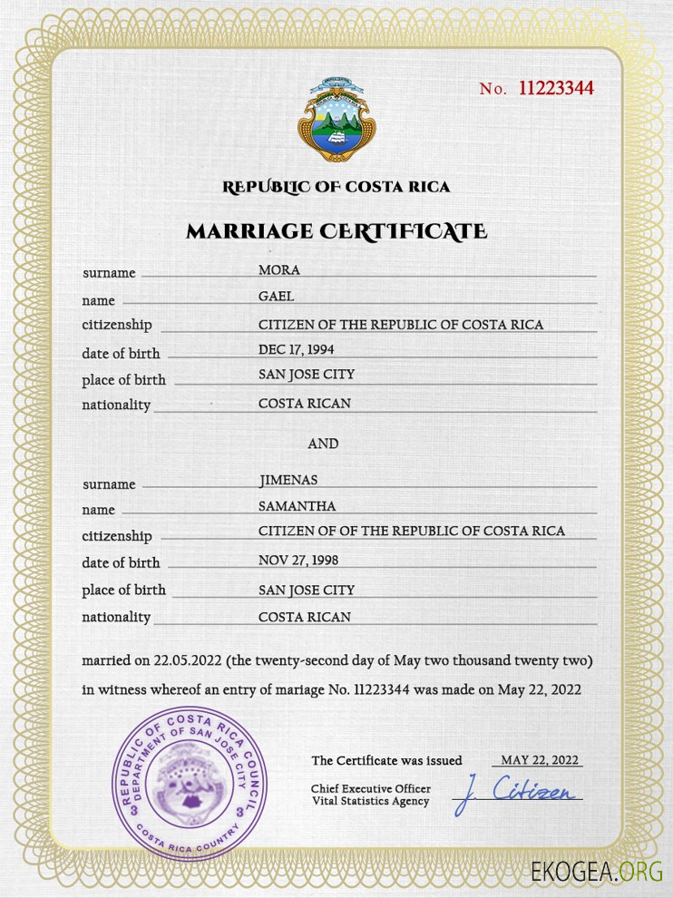 Modèle PSD de certificat de mariage au Costa Rica